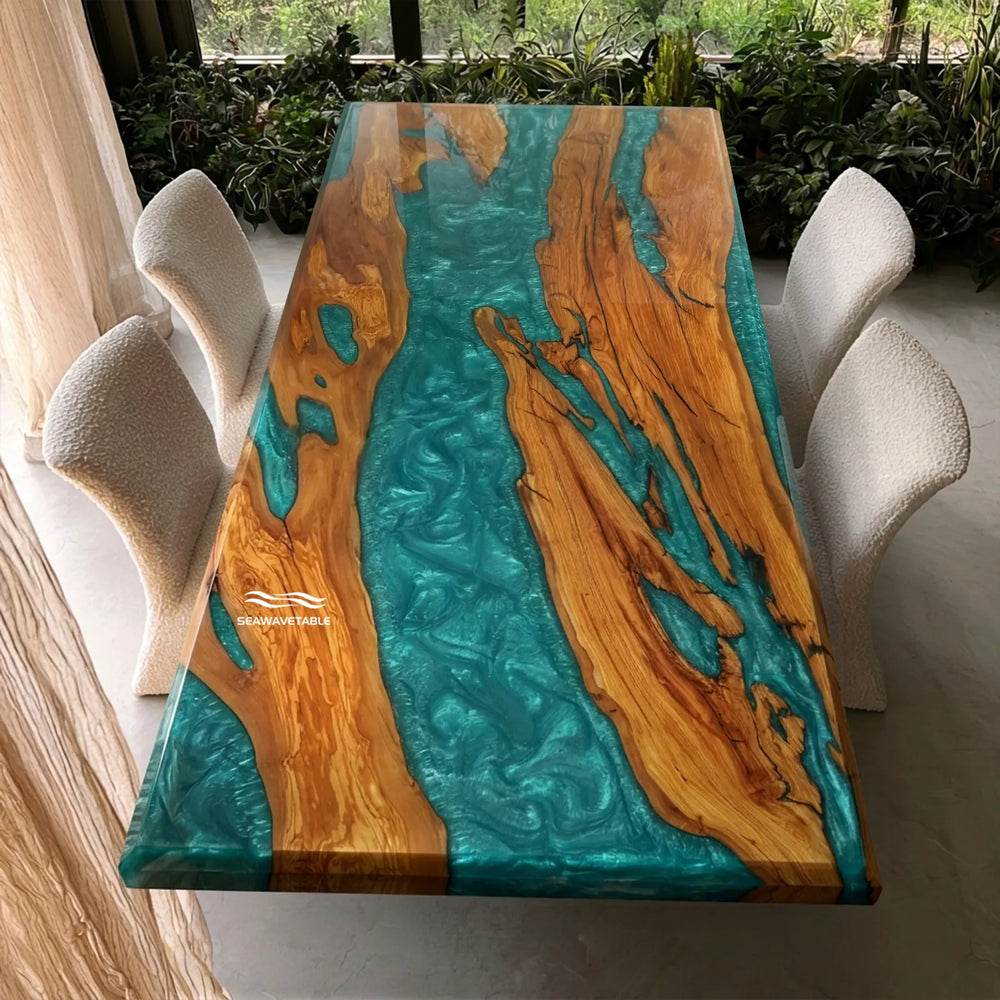 CRT-401 turquoise blue resin and golden brown wood dining table