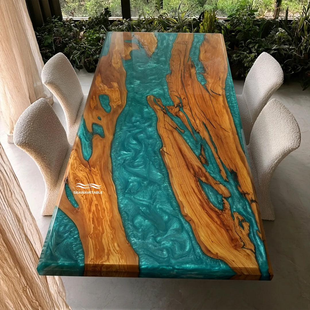 CRT-401 turquoise blue resin and golden brown wood dining table
