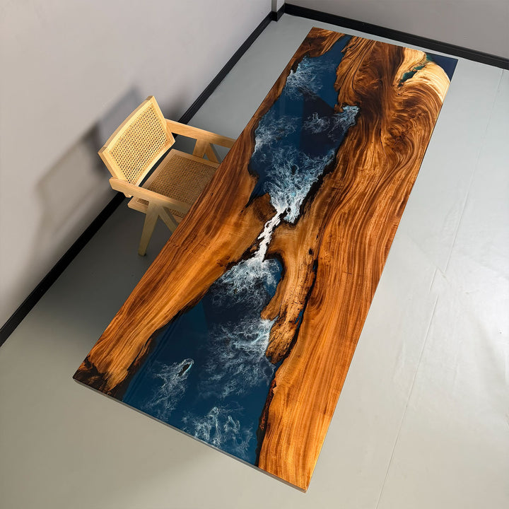 Miami Penthouse Series CRT-273 live edge wood and deep sea blue resin river dining table.