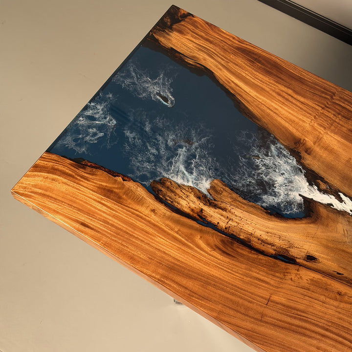 Natural organic live edge silhouette of a designer resin river table for modern homes.