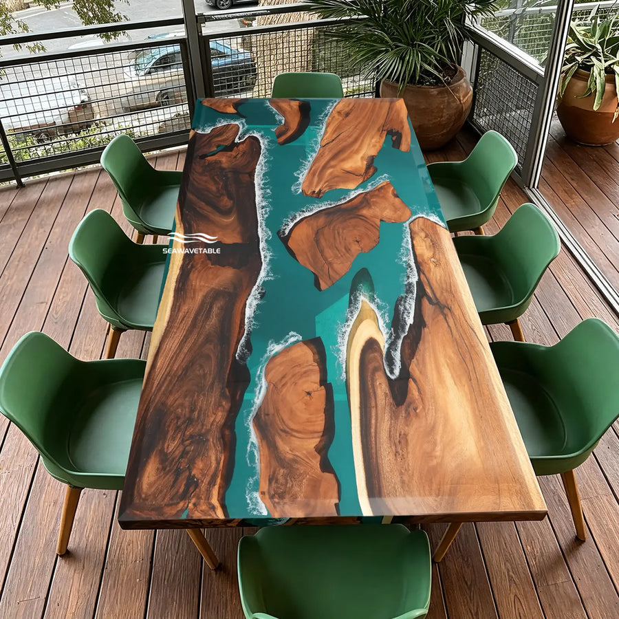 CRT-404 Miami tropical modern teal ocean wave epoxy resin wood dining table with natural wood grain