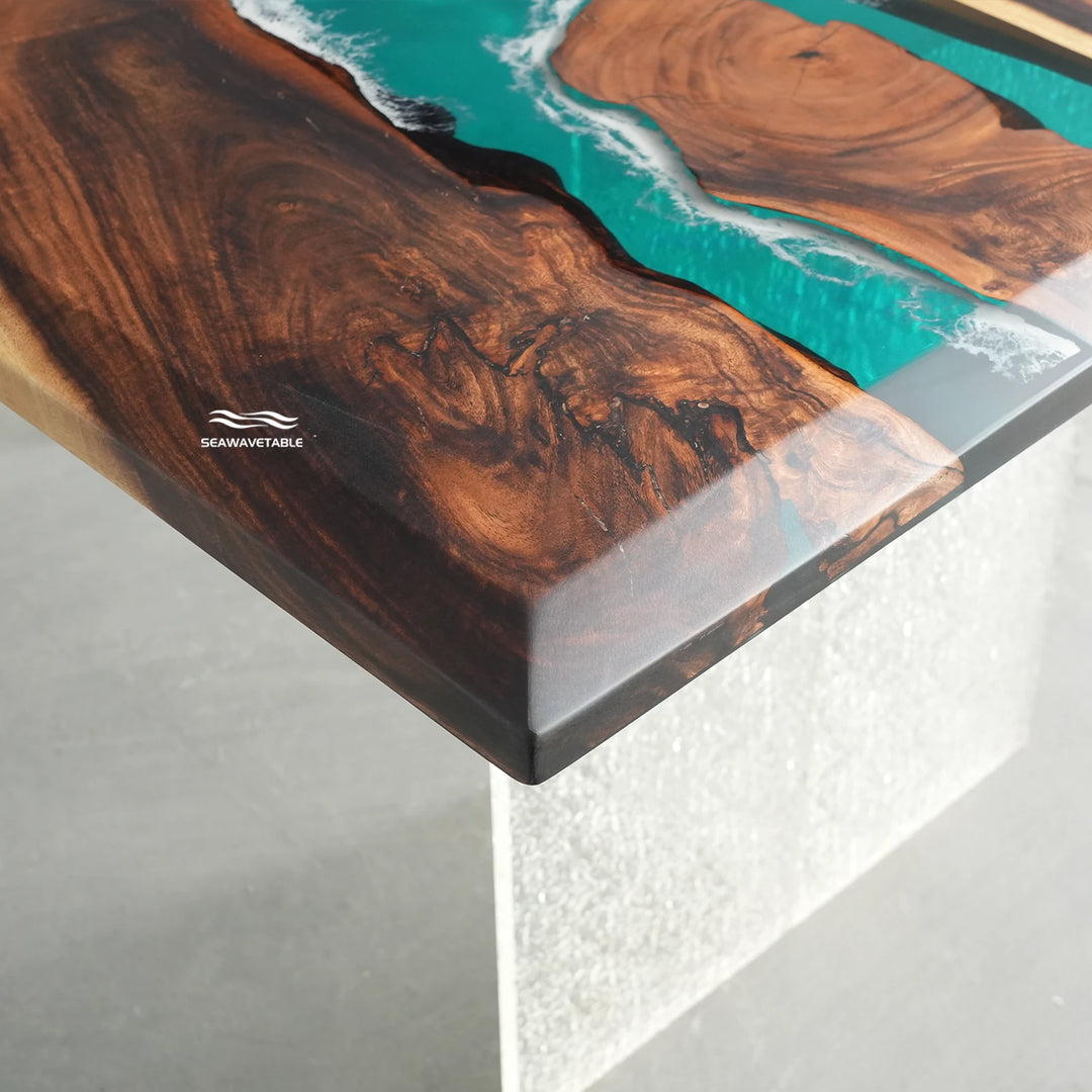 Luxury teal resin and solid wood dining table for contemporary coastal interiors