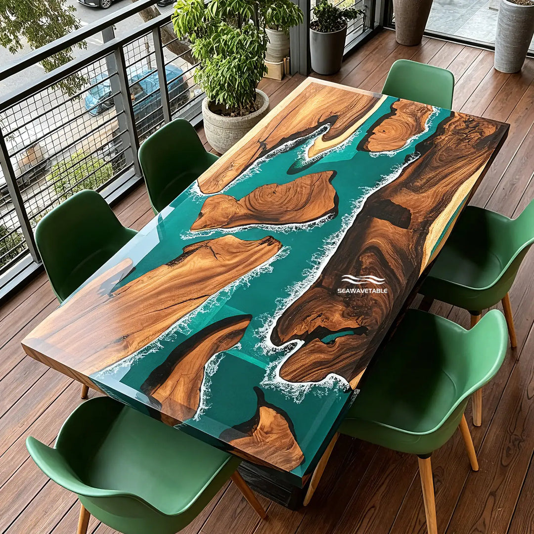 CRT-404 handcrafted wooden dining table with turquoise resin river and coastal wave patterns