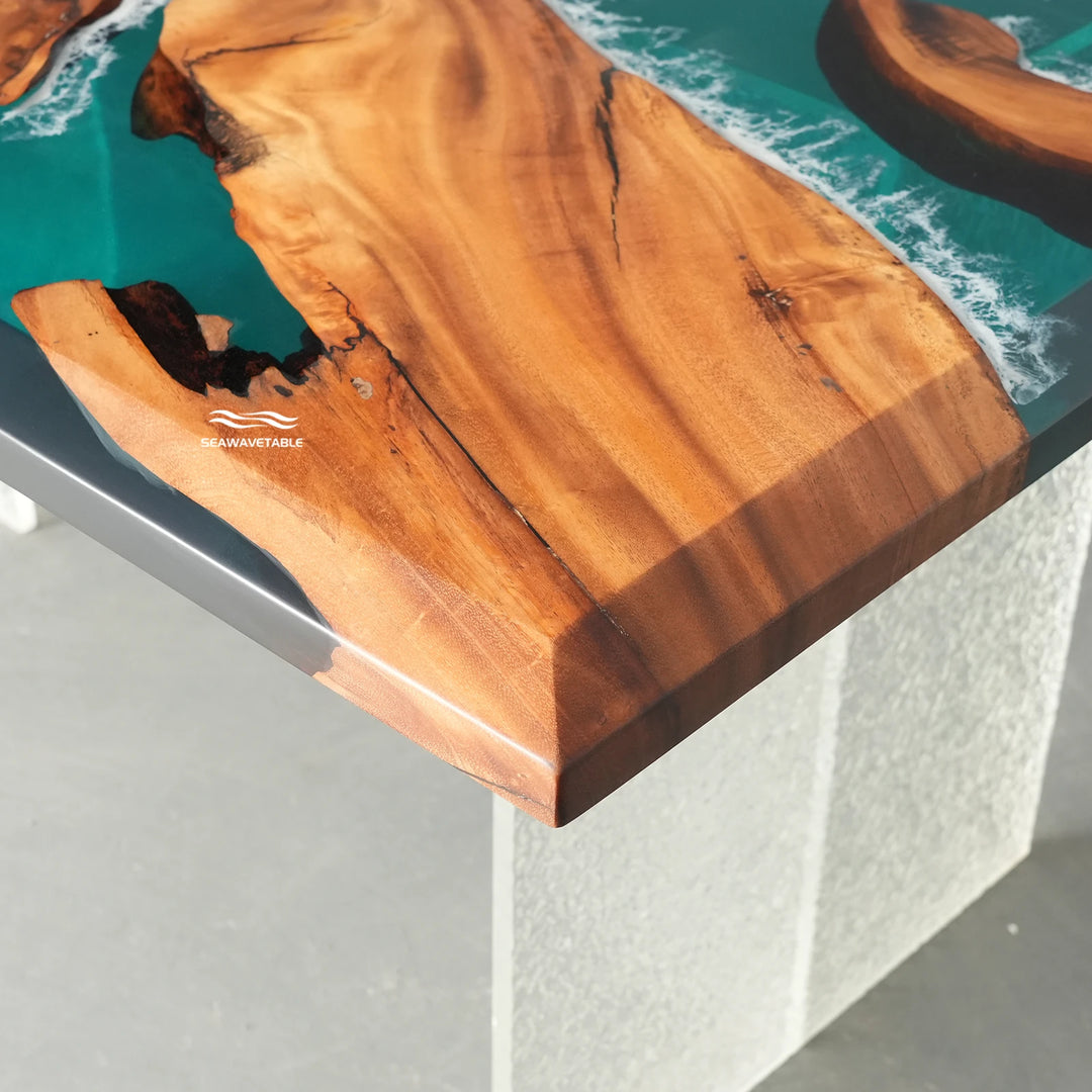 Tropical style epoxy resin dining table with artistic ocean currents and white wave accents