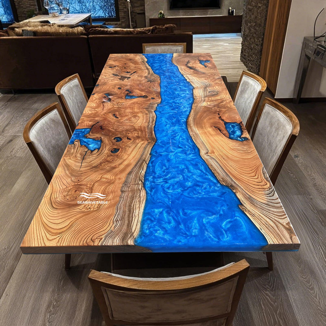 Seawavetable-Minnesota Ocean Blue Resin Beech Wood Table with full-gloss finish