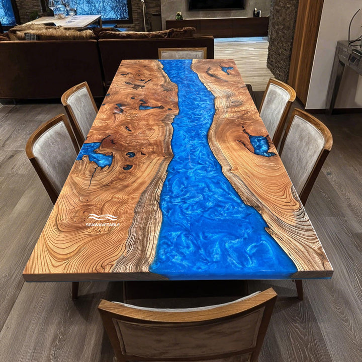 Seawavetable-Minnesota Ocean Blue Resin Beech Wood Table with full-gloss finish