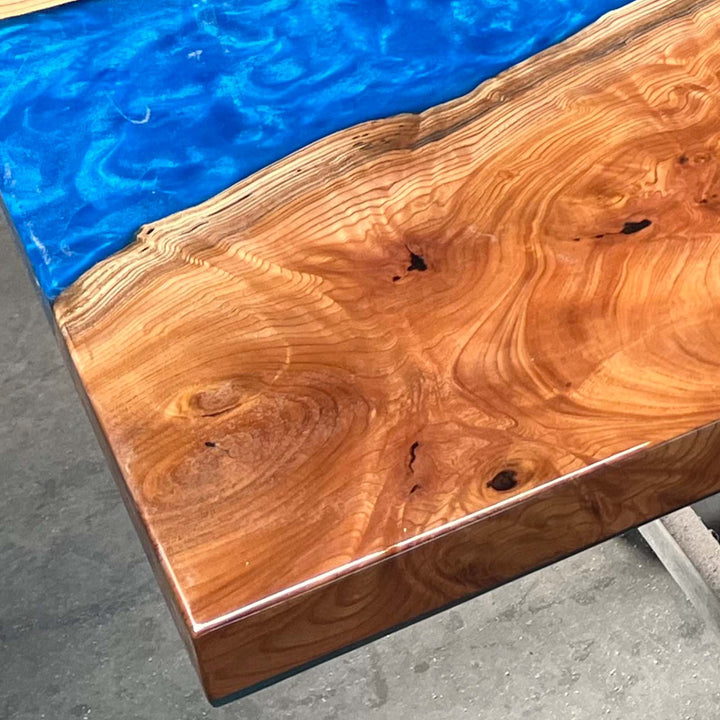 Seawavetable-Handmade Minnesota beech wood table with deep blue resin and glossy surface
