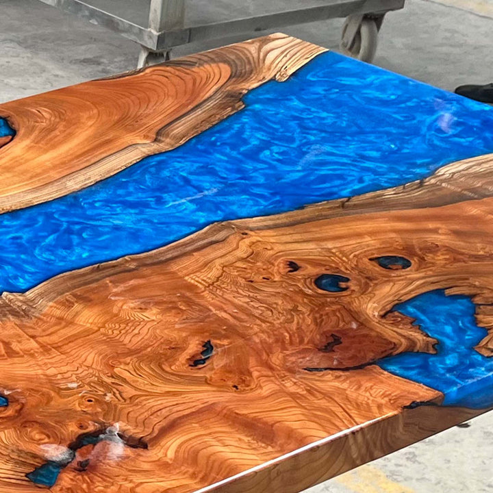 Seawavetable-Luminous ocean blue resin beech wood table for modern Minnesota homes