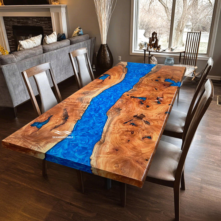 Seawavetable-Modern full-gloss ocean blue resin beech wood dining table – Minnesota