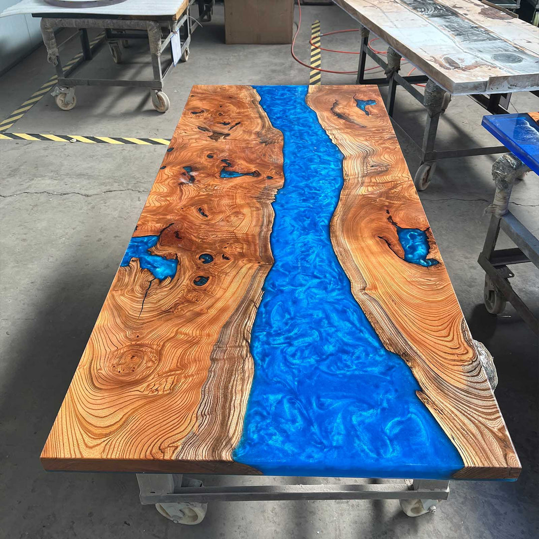Seawavetable-Handcrafted beech wood resin table with deep blue ocean design – MN
