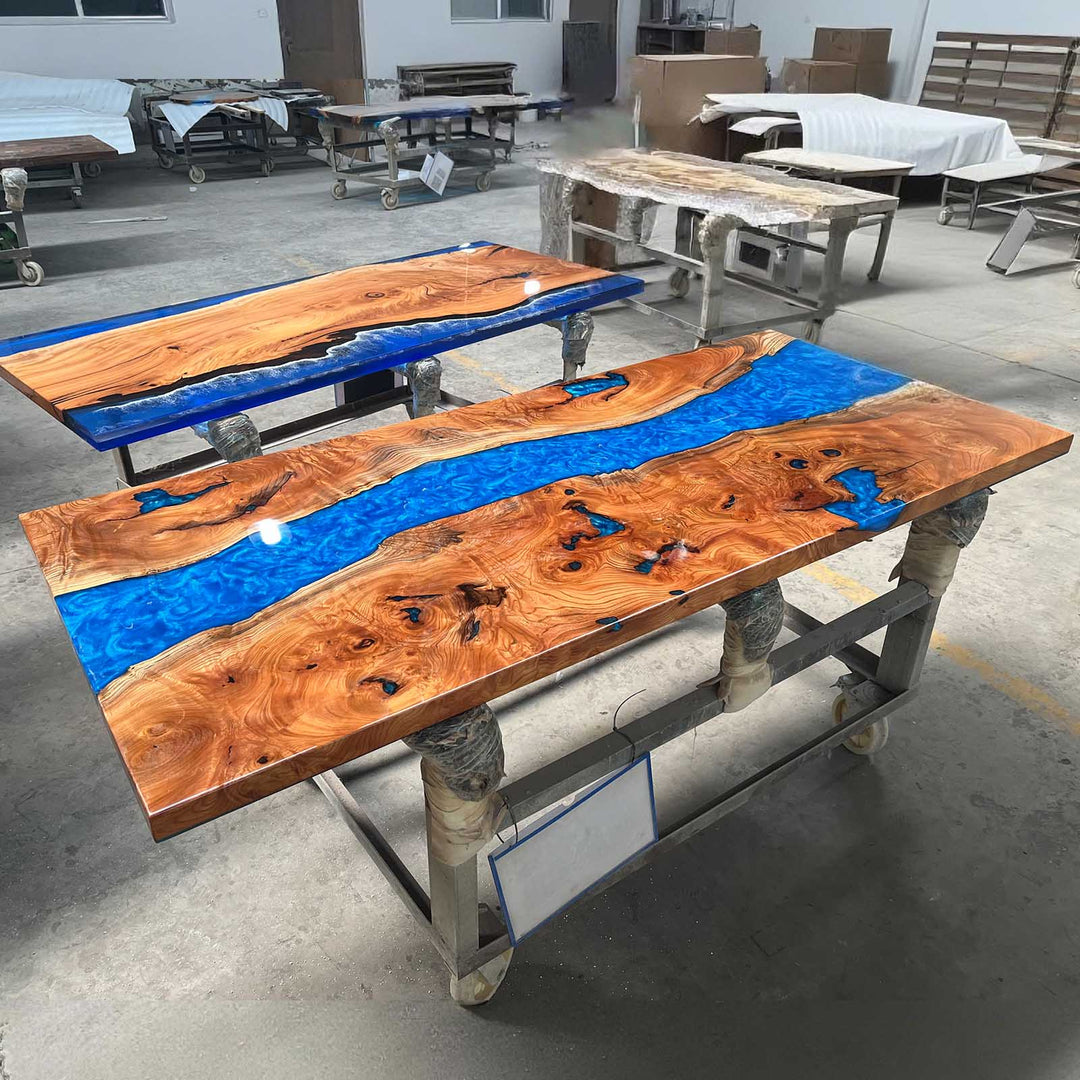 Seawavetable-Luxury beech wood resin table with ocean blue patterns for Minnesota homes