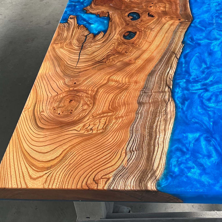 Seawavetable-Full-gloss handcrafted ocean blue resin table with natural beech wood – MN