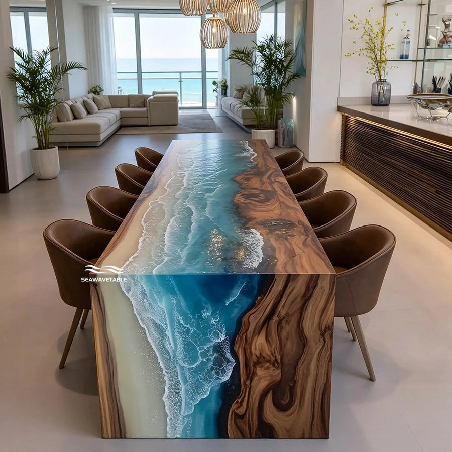 Handmade epoxy resin dining table with realistic beach waves