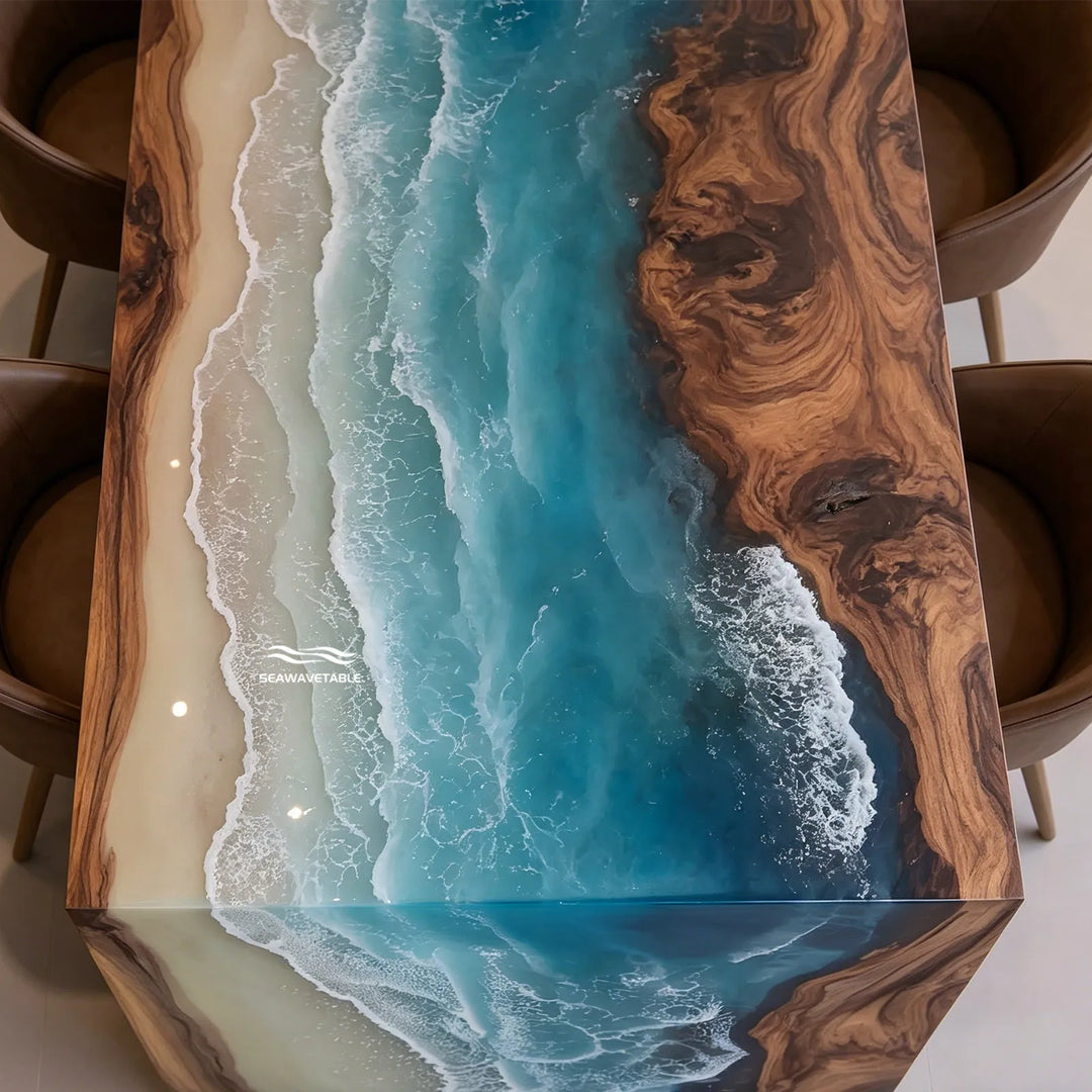 Contemporary coastal dining table with turquoise resin 