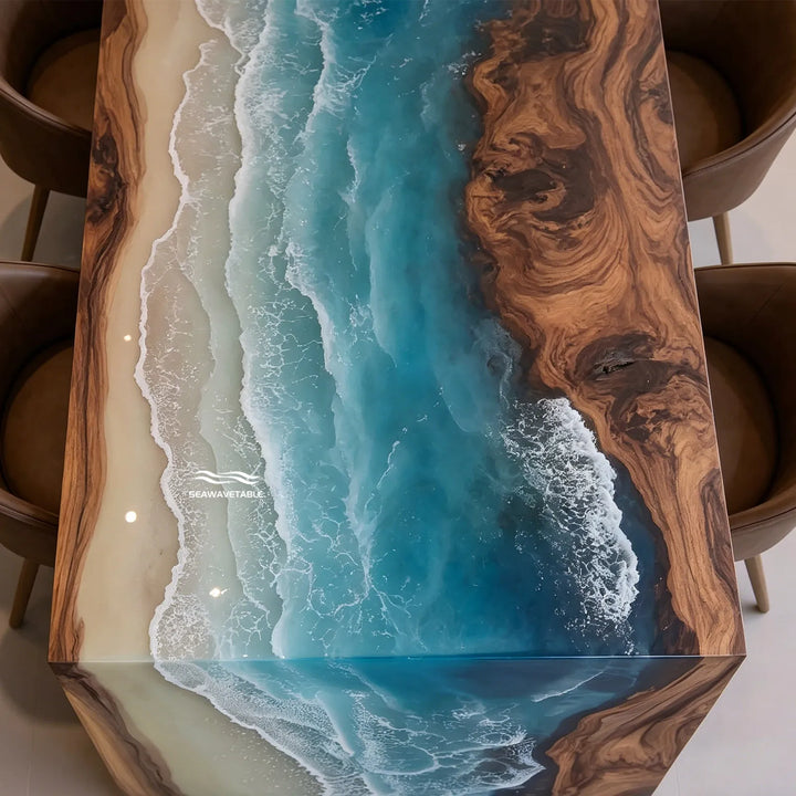 Contemporary coastal dining table with turquoise resin 