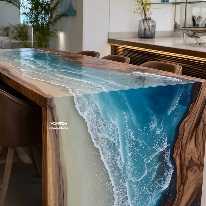 Modern luxury resin table inspired by beach shoreline