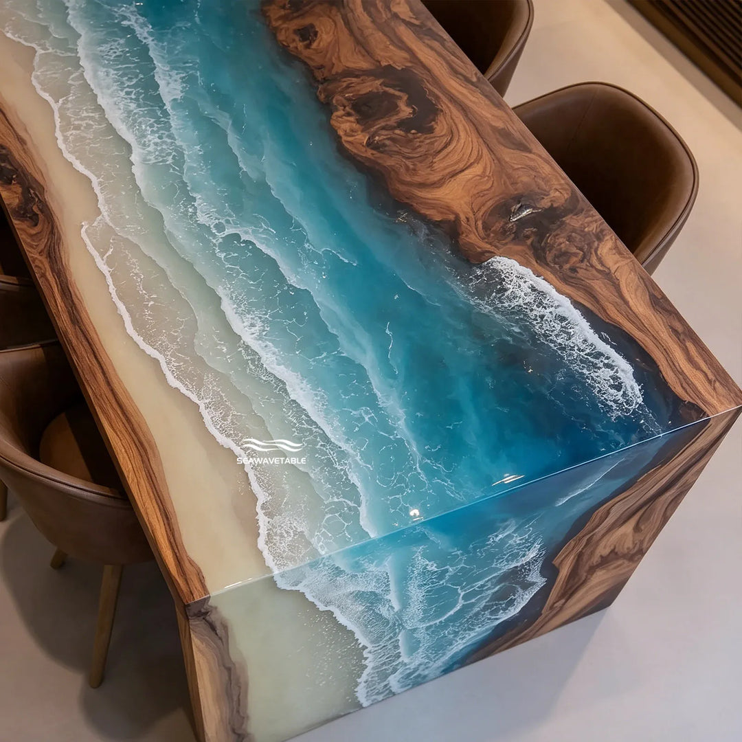 Handcrafted ocean epoxy dining table with detailed wave texture
