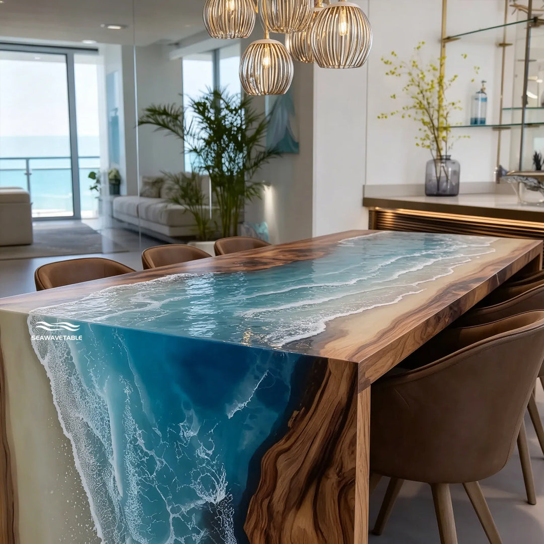 Unique beach wave resin table for modern interiors