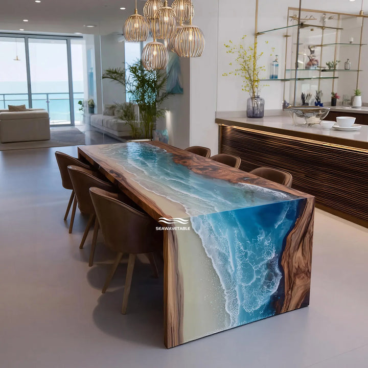 Artistic resin table with wave effect and waterfall edge