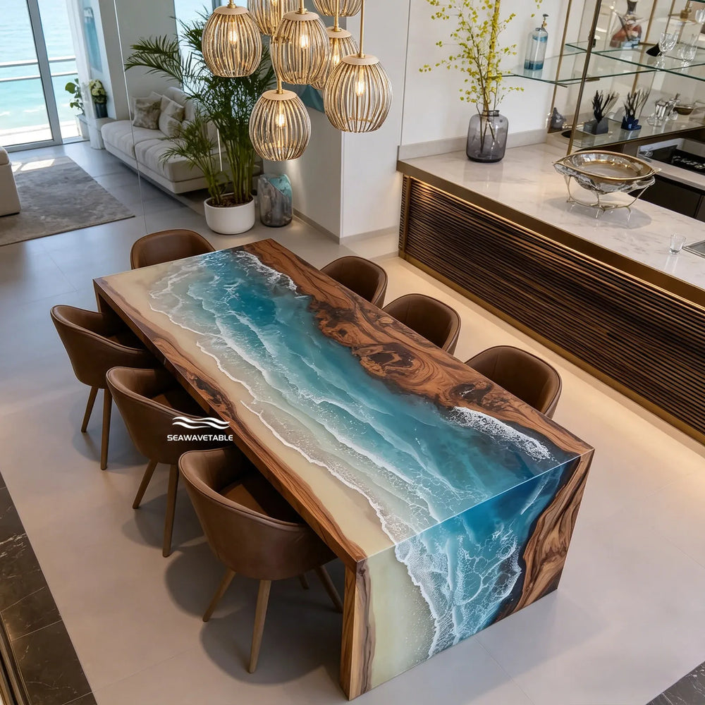 Modern beach wave epoxy waterfall dining table with ocean resin design