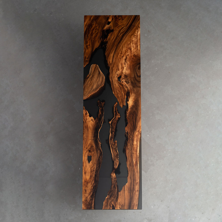 Sleek straight-edge walnut wood conference table with glossy epoxy finish