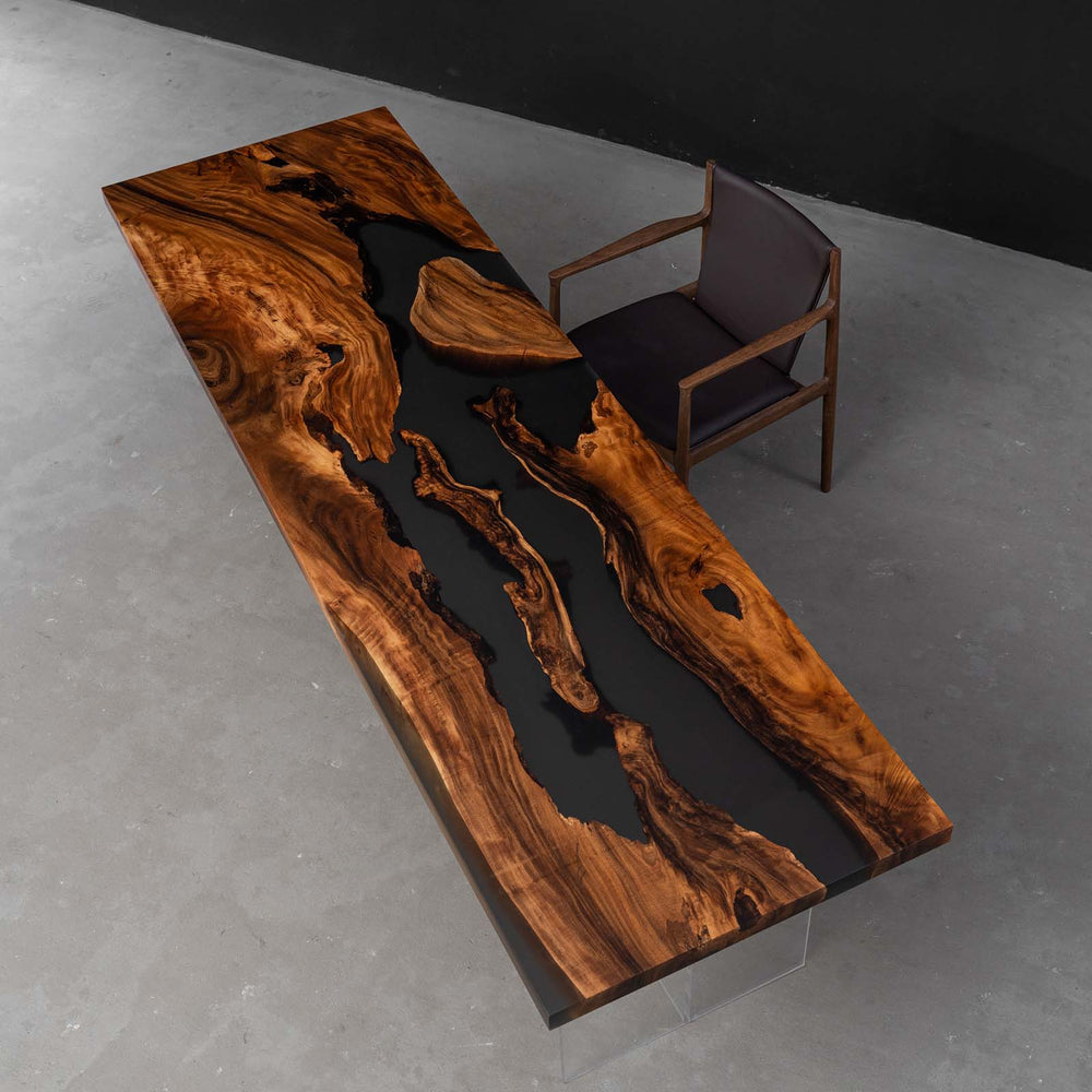 Artisan-made walnut epoxy table for modern corporate meeting spaces