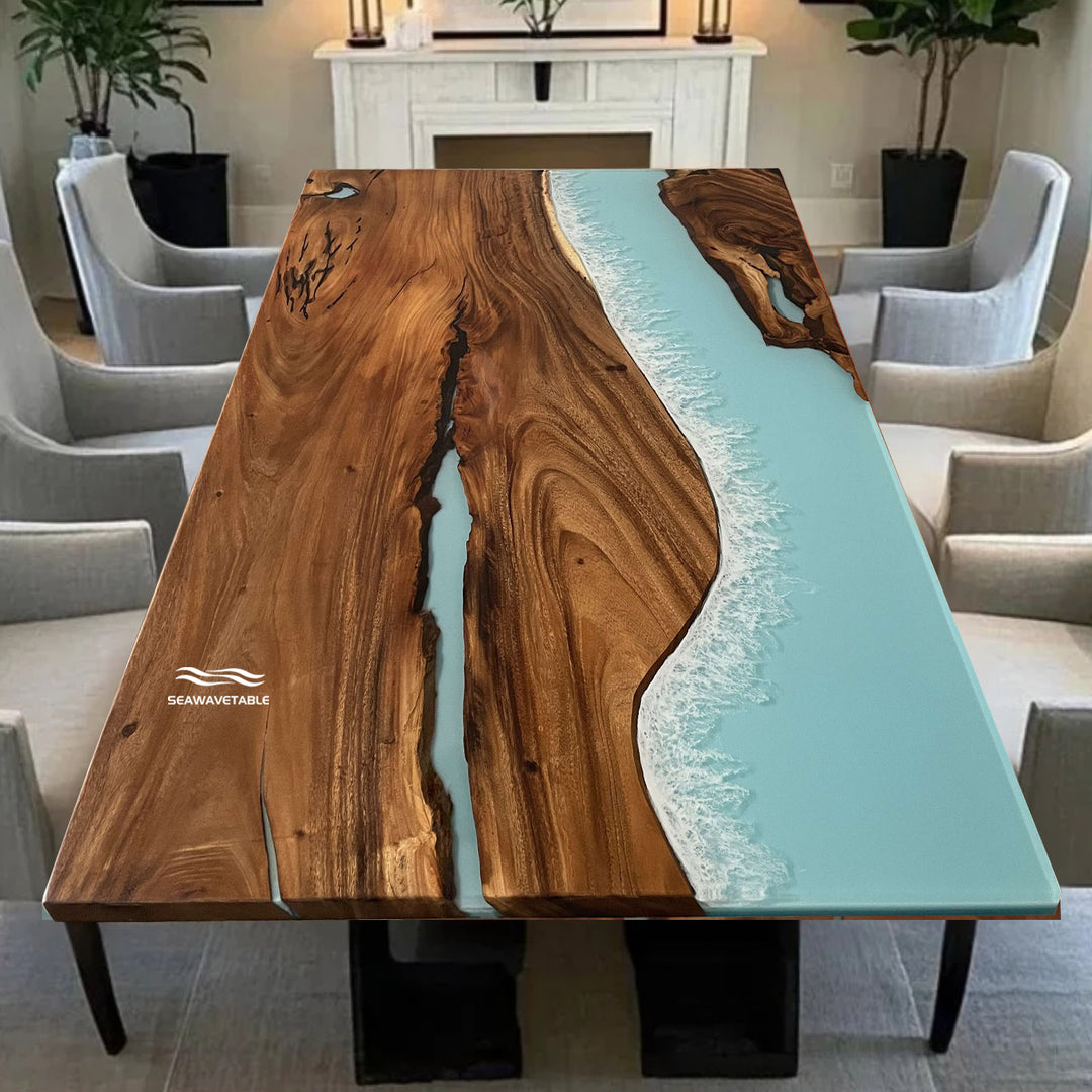 Modern walnut epoxy table with resin centerpiece for dining room