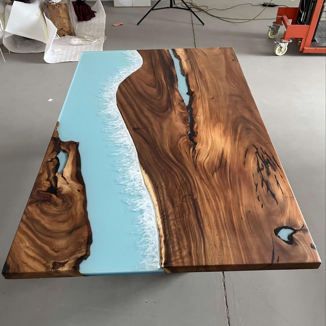 48x72 inch walnut and resin dining table by SeawaveTable