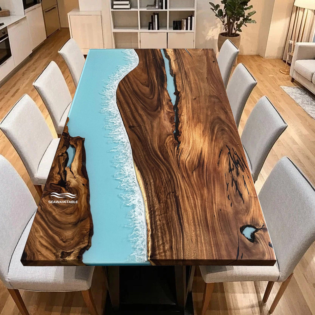 Handcrafted epoxy table with walnut wood slab and resin design