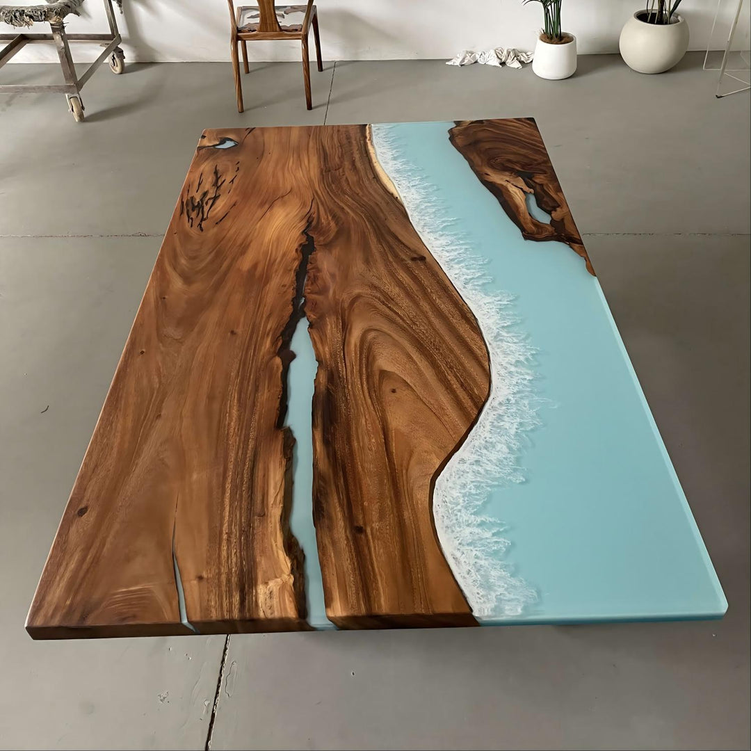 Contemporary walnut wood table with glossy epoxy river centerpiece