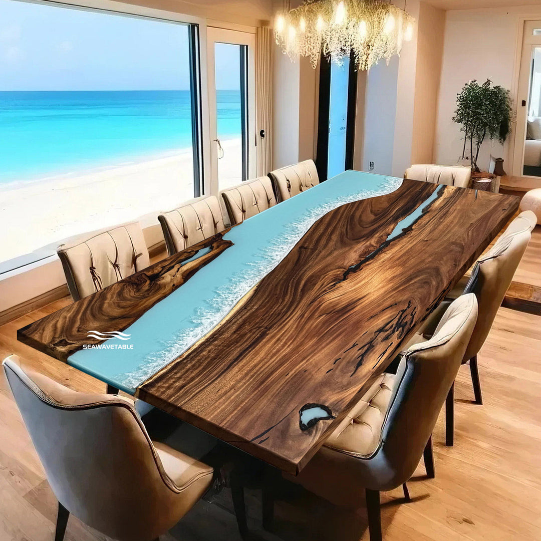 Modern epoxy resin dining table with natural walnut finish