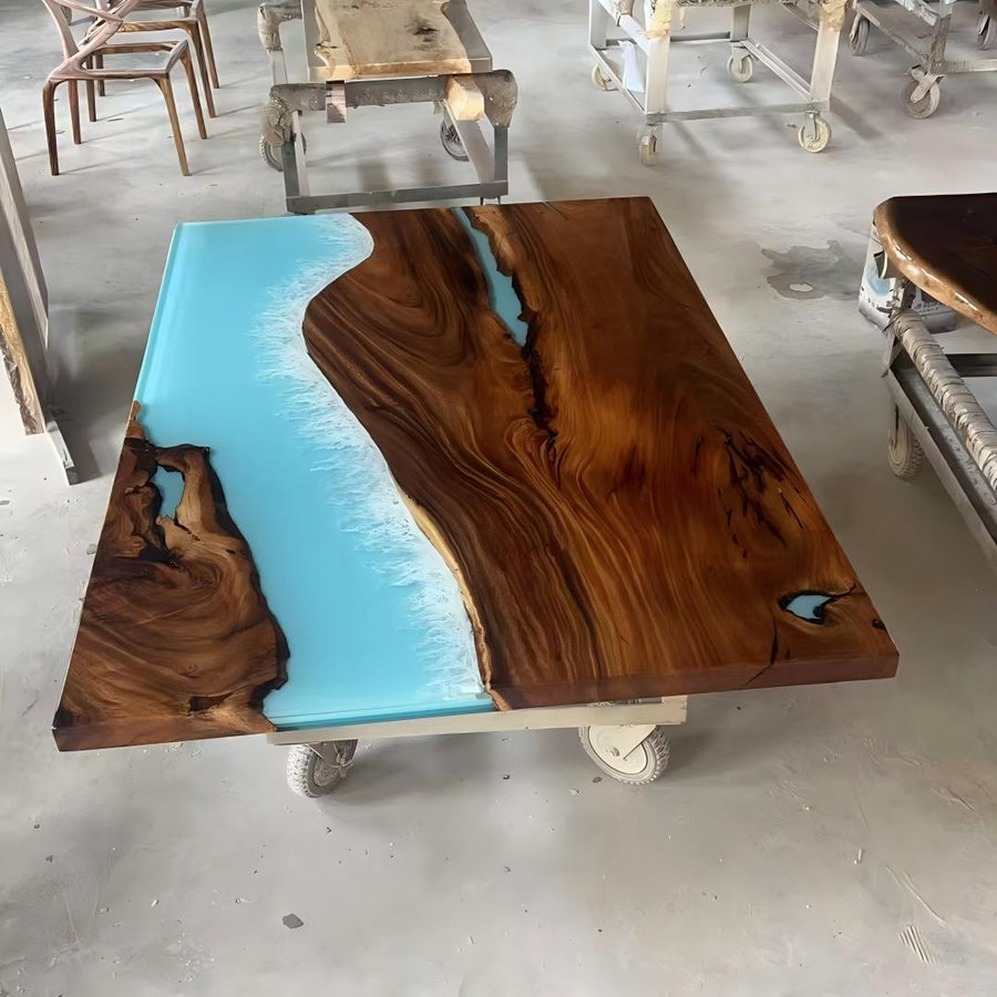 SeawaveTable custom walnut and resin table perfect for dining or office
