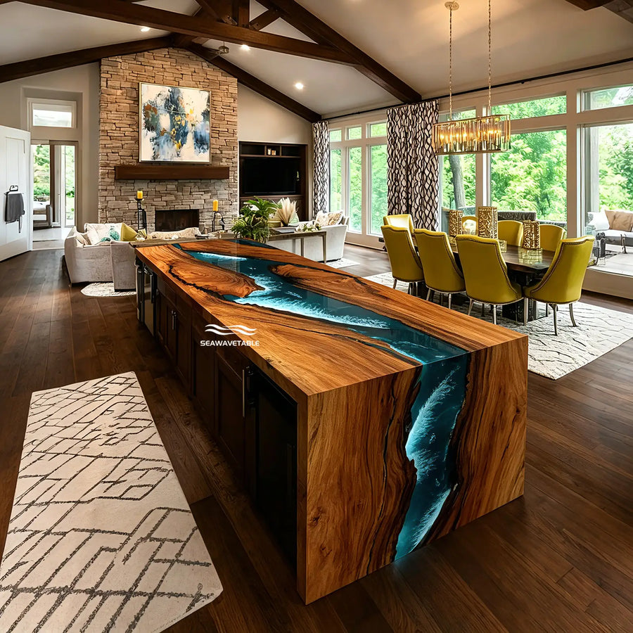 Modern epoxy river table with ocean wave design and waterfall edge