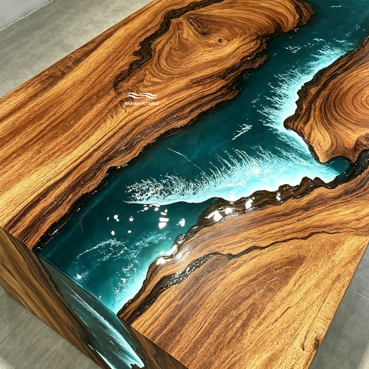 Artistic ocean wave epoxy table with seamless waterfall edge