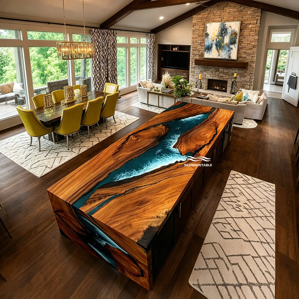 Handmade waterfall epoxy table in mountain lodge style interior