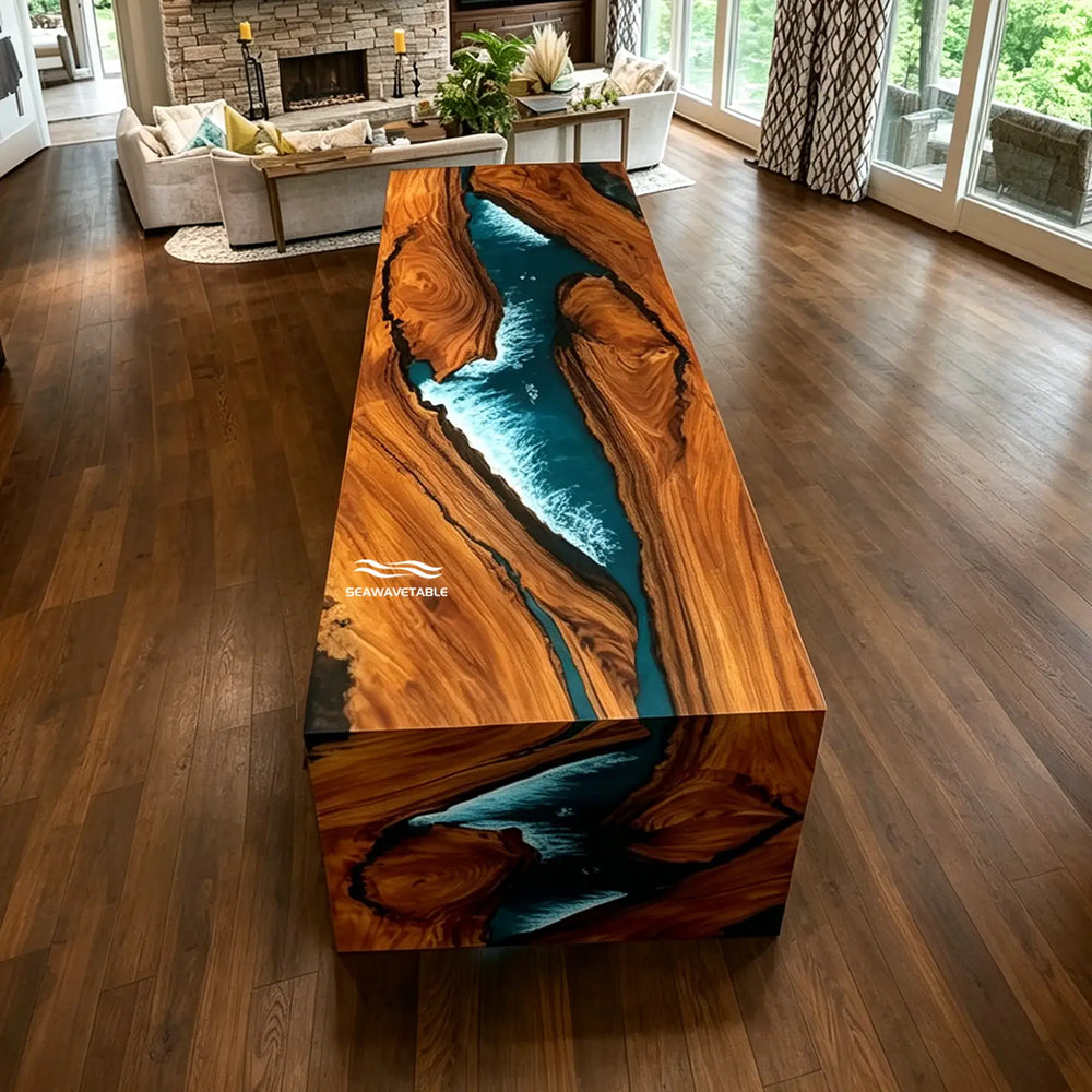 Luxury epoxy dining table with ocean-inspired resin river