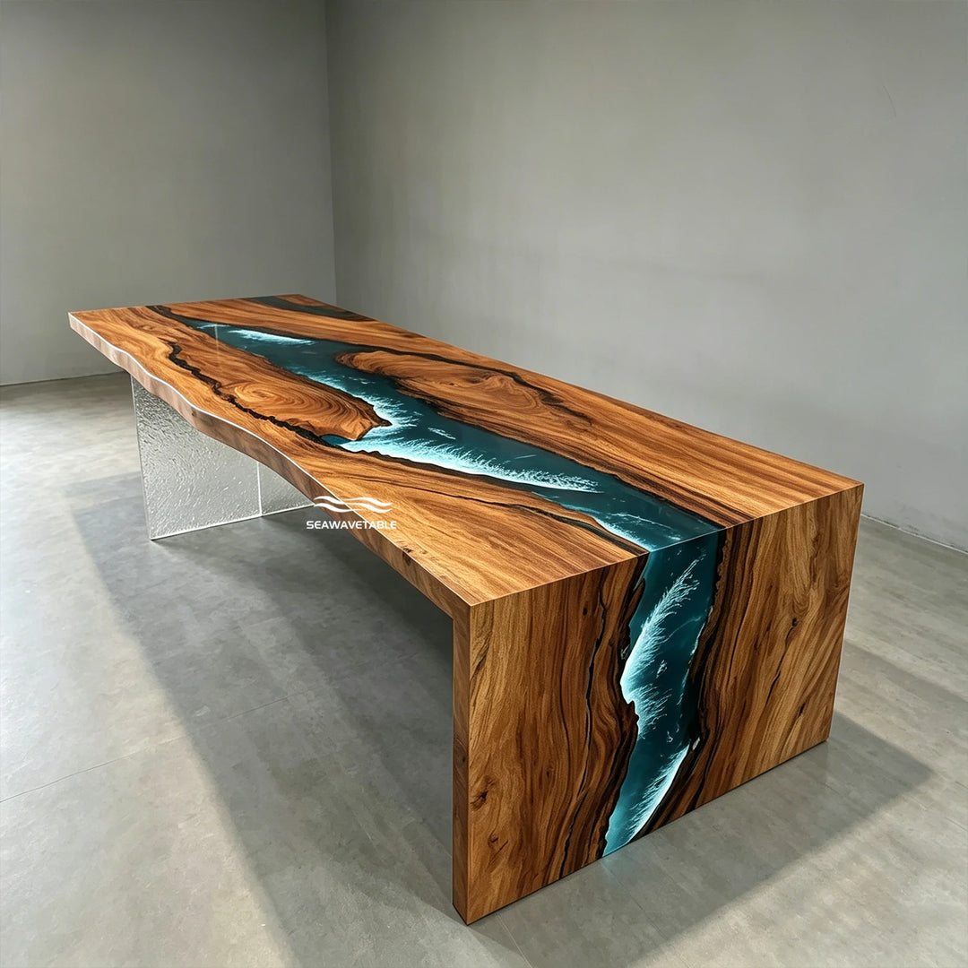 Custom live edge wood table with blue epoxy resin river
