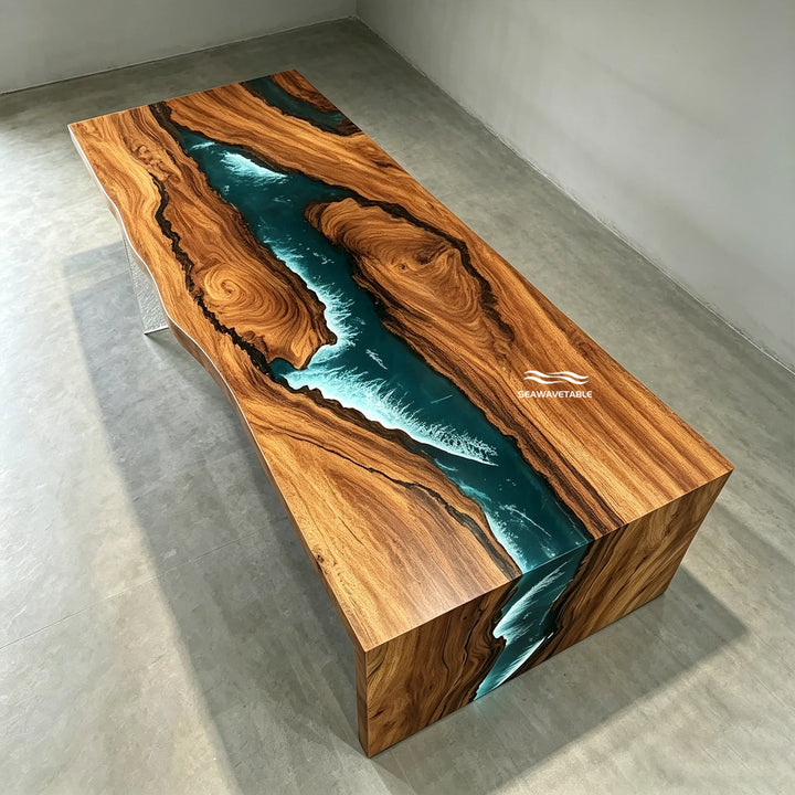 Solid wood live edge river table with blue resin centerpiece