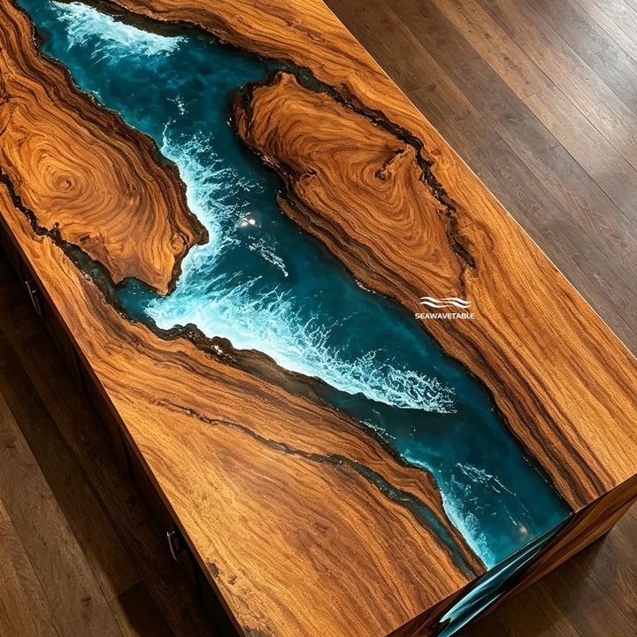 Modern rustic waterfall river table for open concept living space