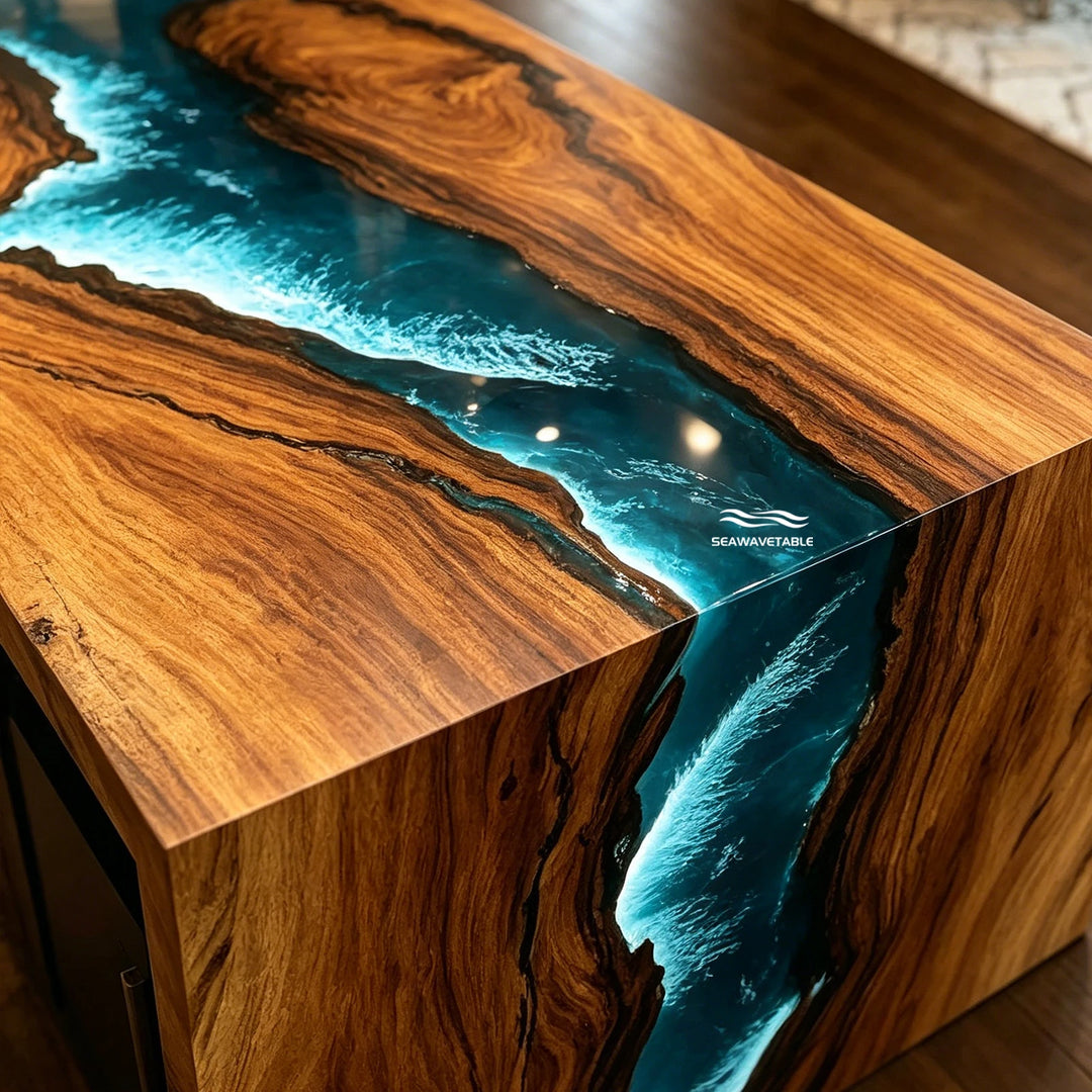 High-end epoxy resin table with natural wood grain detail