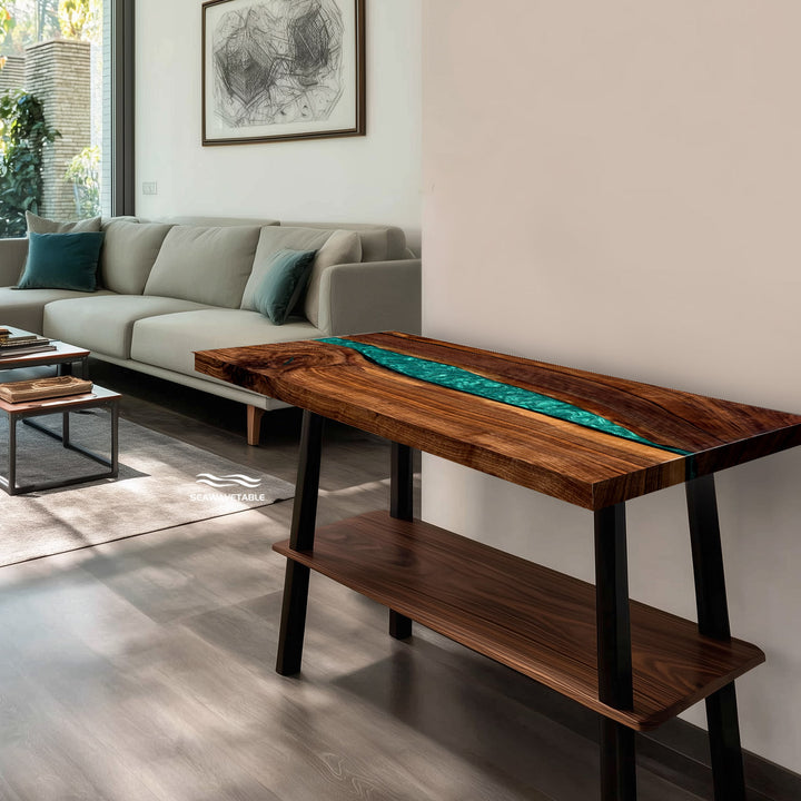Luxury epoxy console table with customizable resin color and wood type.