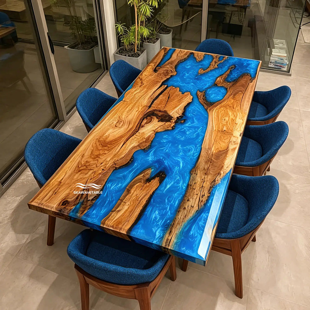 Handmade olive wood epoxy dining table with vivid blue resin artwork