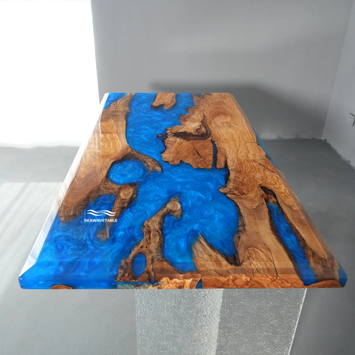 Luxury coastal style river dining table with live edge wood slabs