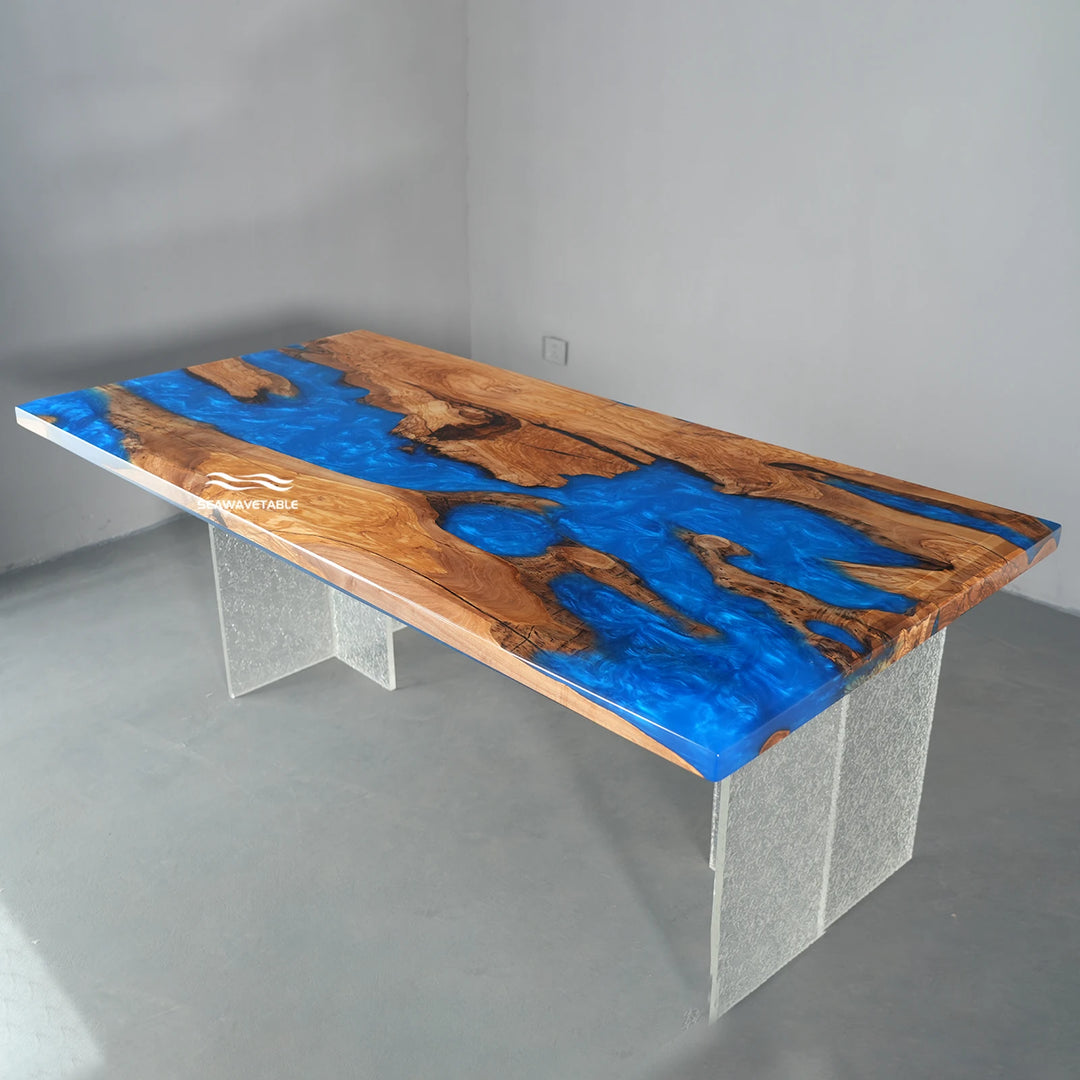 Contemporary blue epoxy river table inspired by tropical ocean waves