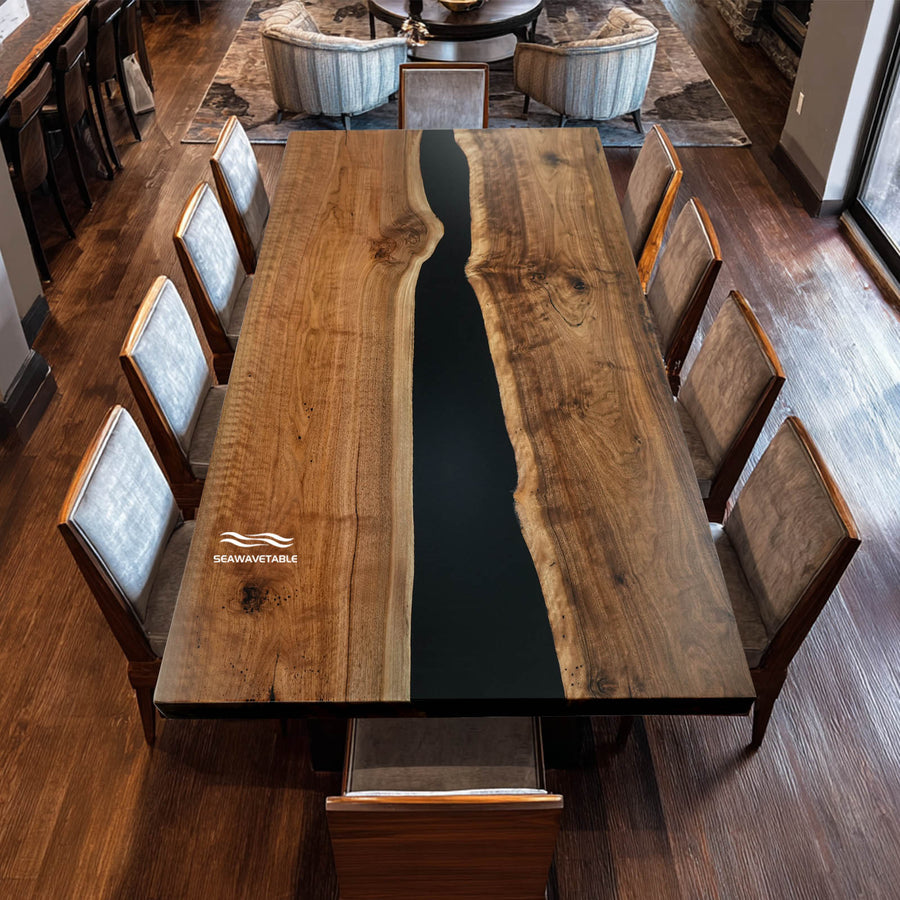 Nashville warm rustic luxe black walnut river dining table with dark epoxy center