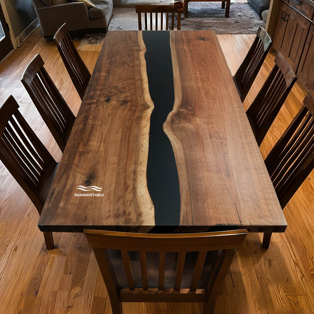 Rustic luxury walnut slab table with modern epoxy river design