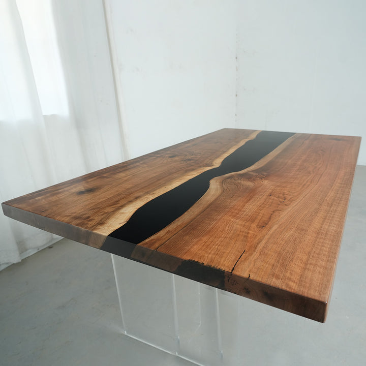 Custom black walnut epoxy river table for modern farmhouse interiors