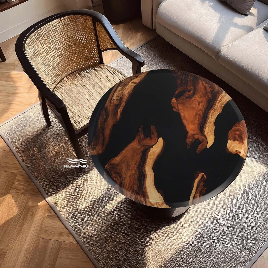 New York industrial modern round walnut resin coffee table with black epoxy top