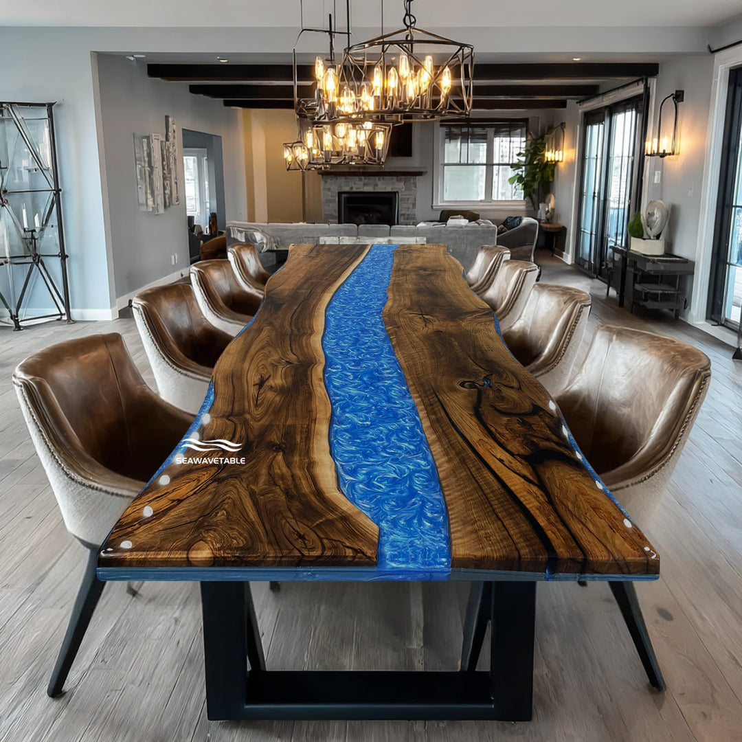 High-end walnut epoxy river dining table modern luxury design