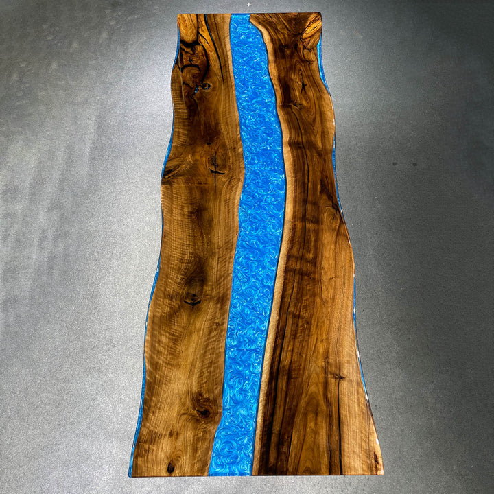 Contemporary luxury dining table walnut with blue epoxy centerpiece